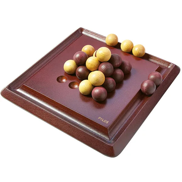 Pylos wooden marble game board with wooden marbles on tray