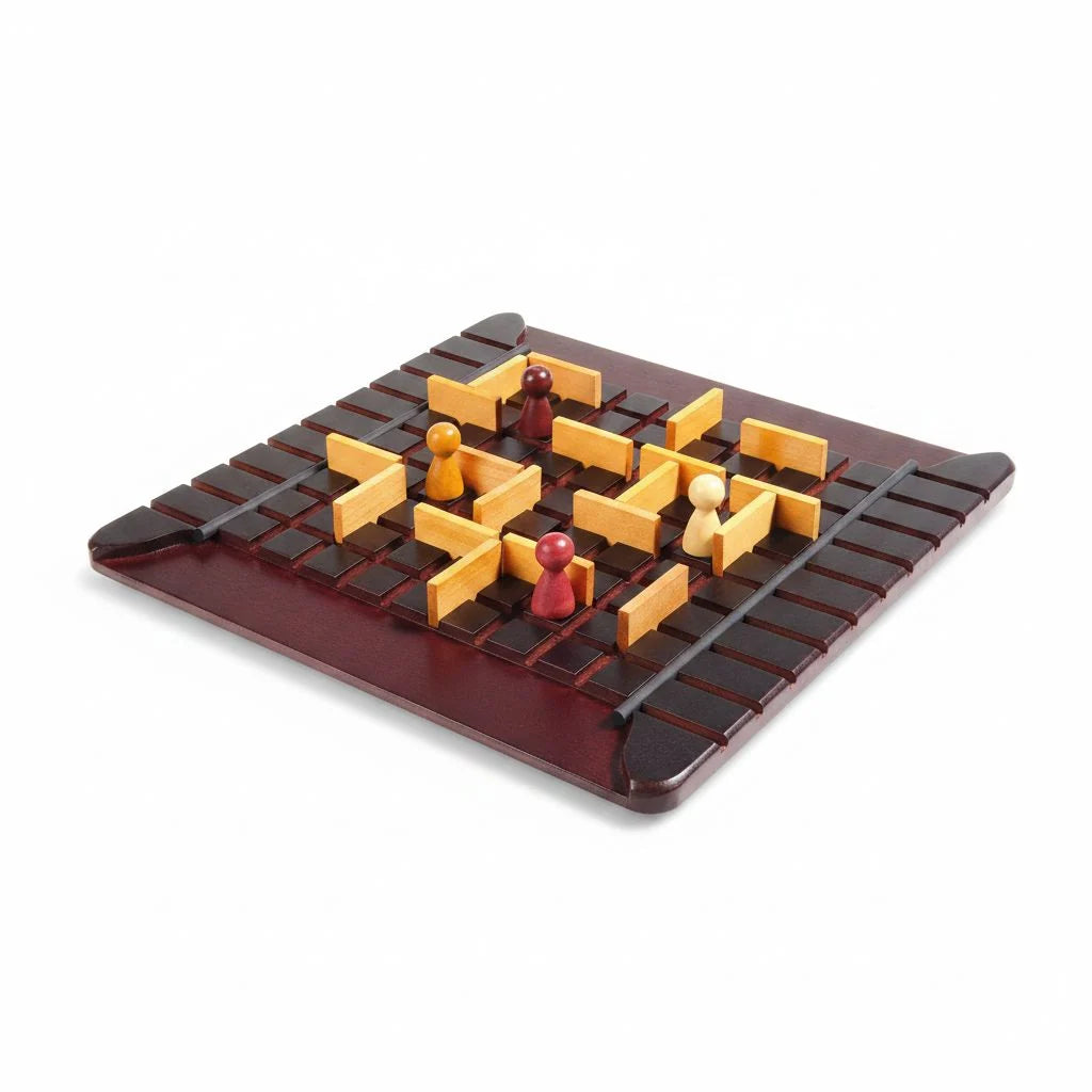 Maroon strategy board game with black grid and wooden game pieces in play