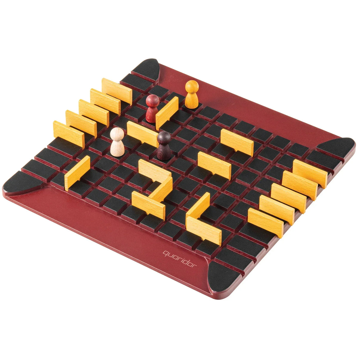 Maroon board game with black grid, wooden blocks and pawn pieces; Quoridor logo