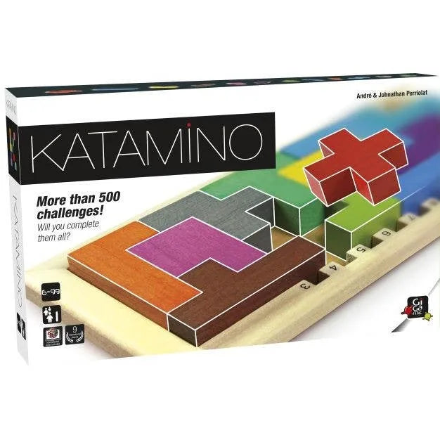 Katamino family puzzle game box with colorful block puzzle pieces