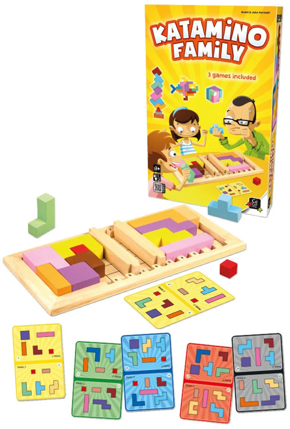 Katamino family puzzle game box, wooden board, and shape cards with blocks