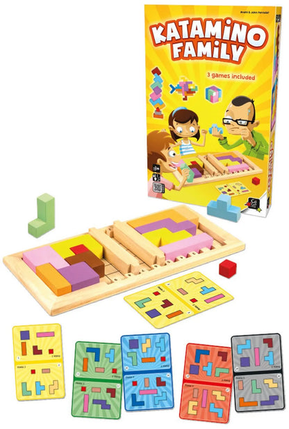Katamino family puzzle game box, wooden board, and shape cards with blocks