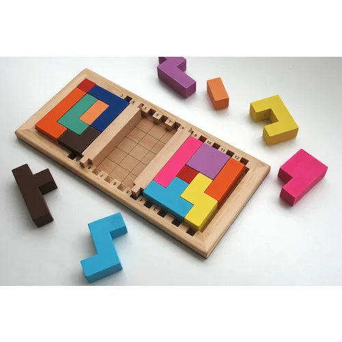 Katamino family puzzle game wooden board with multicolor block pieces