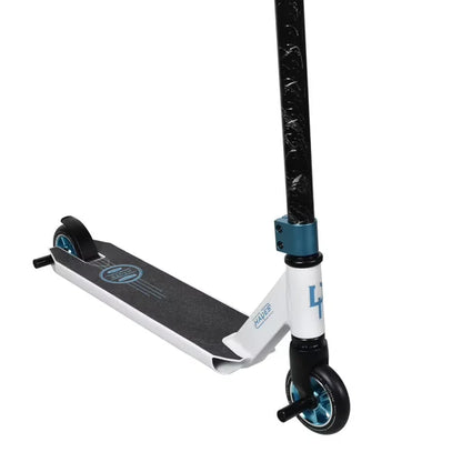 Stunt scooter deck view with black deck surface, white frame, and blue-accent wheel