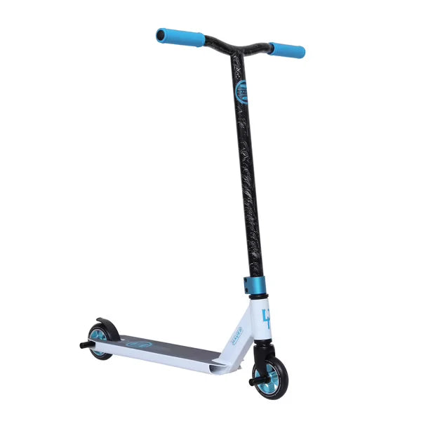 Stunt scooter with black handlebar, blue grips, white deck, and small blue wheels
