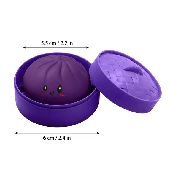 Purple round capsule with open lid and cute dumpling figure
