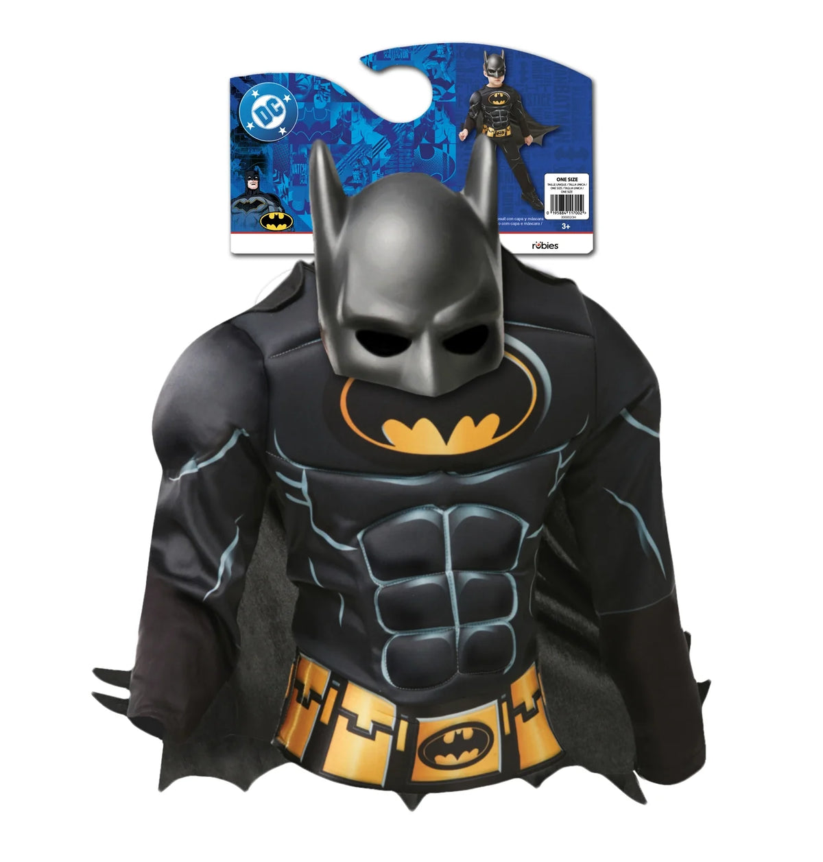 Batman deluxe costume: black jumpsuit with bat chest logo, orange belt, cape