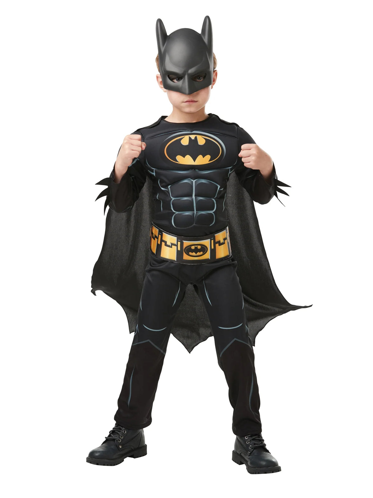 Kids Batman costume with black muscle suit, bat chest emblem, orange belt, cape, cowl