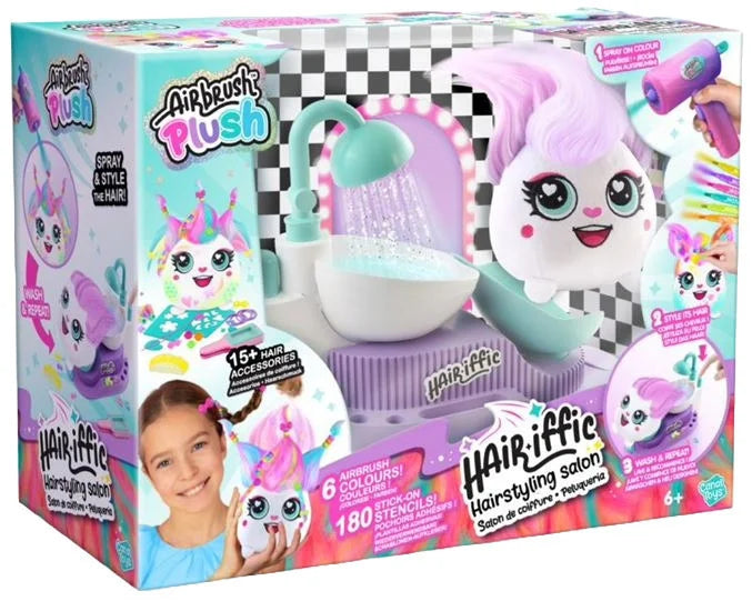 Airbrush plush hair salon toy set box with purple and white unicorn-style figure