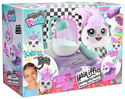 Airbrush plush hair salon toy set box with purple and white unicorn-style figure