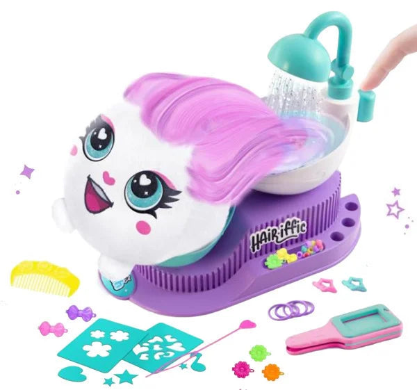 Plush unicorn hair salon airbrush tool with purple and pink spray hair and accessory pieces