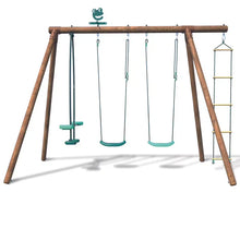 Wooden swing set with three hanging green seats and A-frame support, plus rope ladder