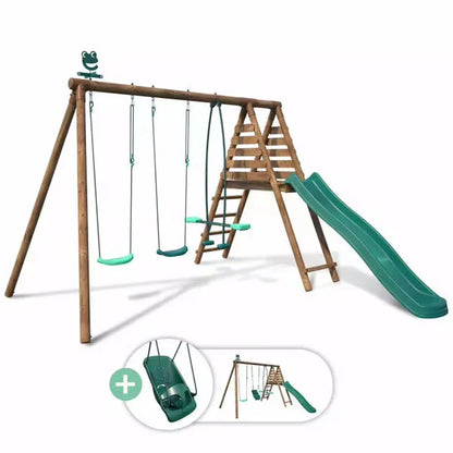 Kids trampoline station with teal slide, wooden ladder, and two green swings