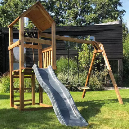 Wooden outdoor playground with slide, swing seat and natural wood frame