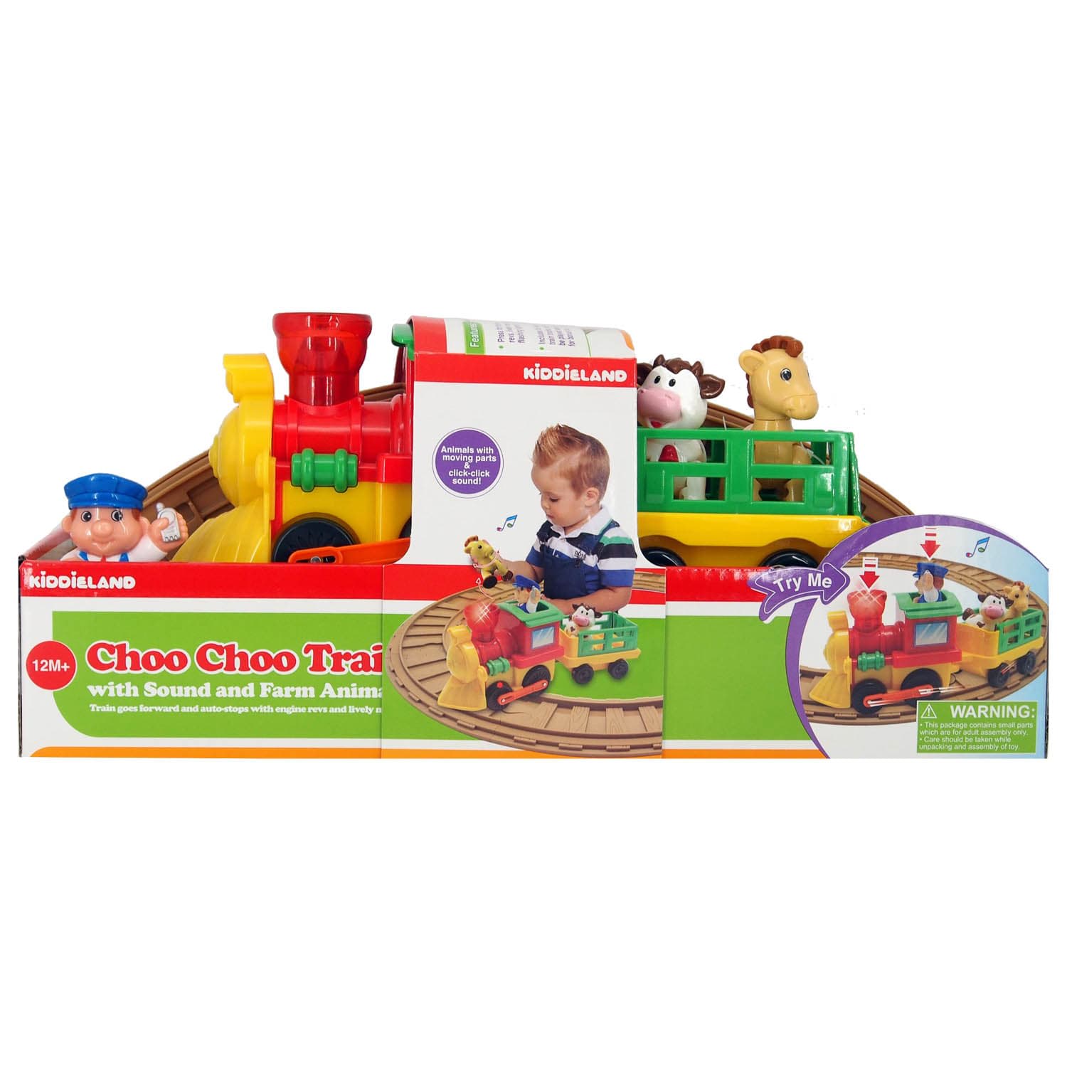 Musical toy train with track and farm animal figures, shown with box packaging