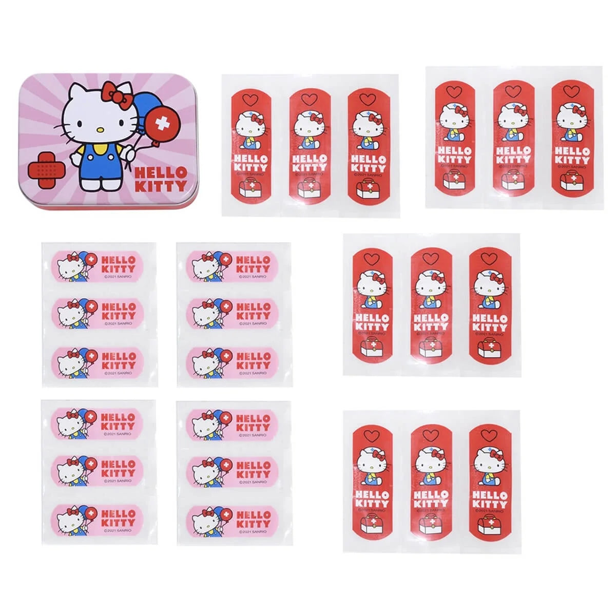 Hello Kitty bandages in small packets with tin box, featuring Hello Kitty red cross-heart