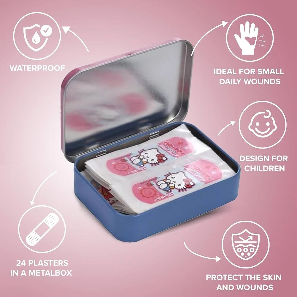 Open blue metal bandage tin with Hello Kitty bandage strips inside