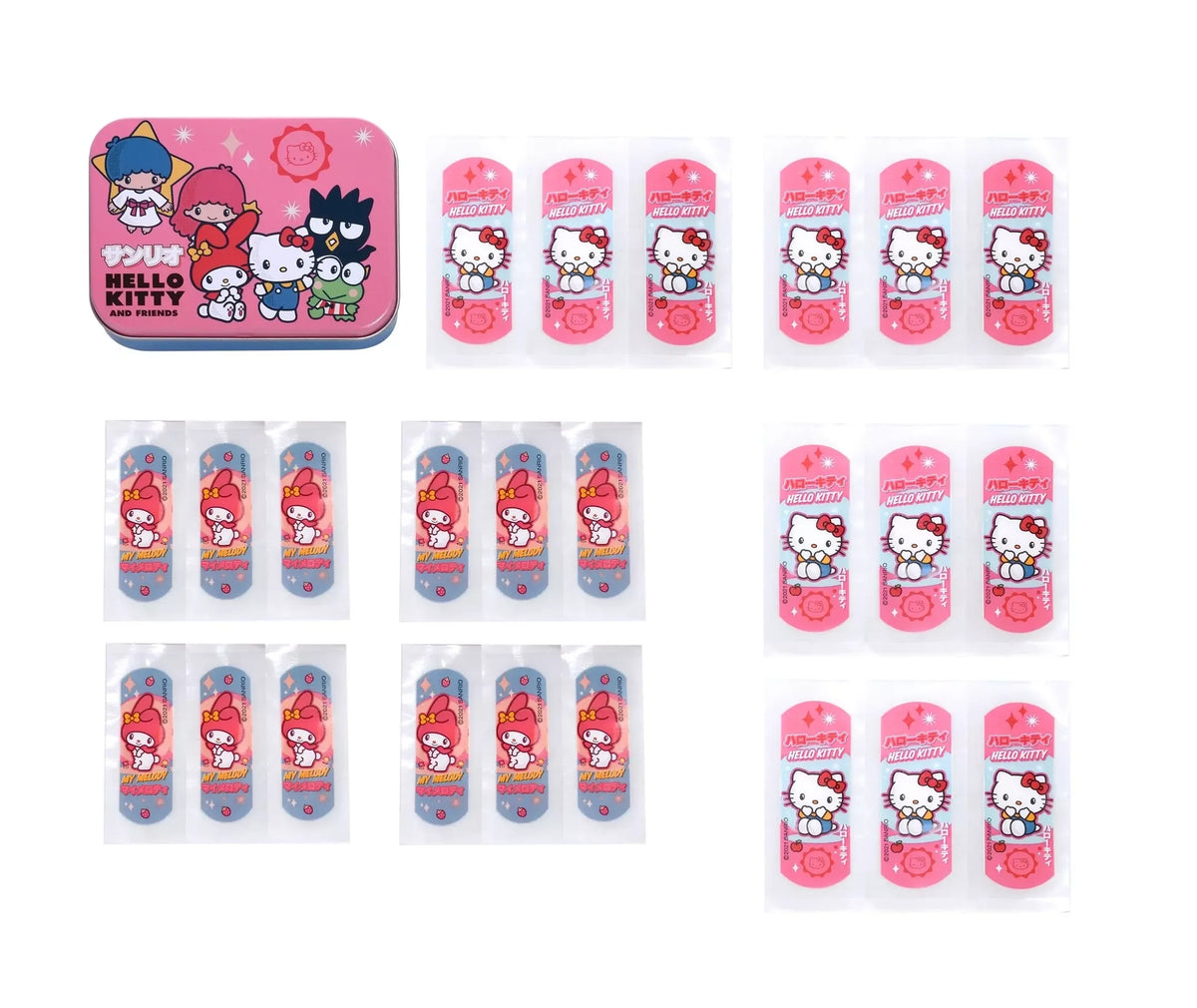 Metal band aid box with multiple Hello Kitty friends bandage packs, pink and blue