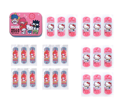 Metal band aid box with multiple Hello Kitty friends bandage packs, pink and blue