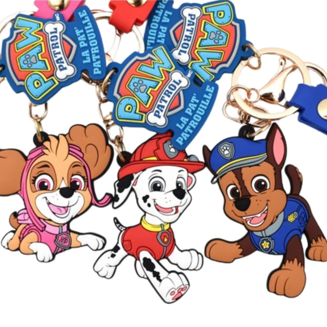 Paw Patrol keychain charms set with four dog character figures and metal key rings