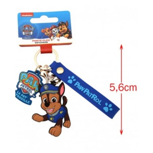Paw Patrol keychain with blue strap and dog character charm, gold clip and ring