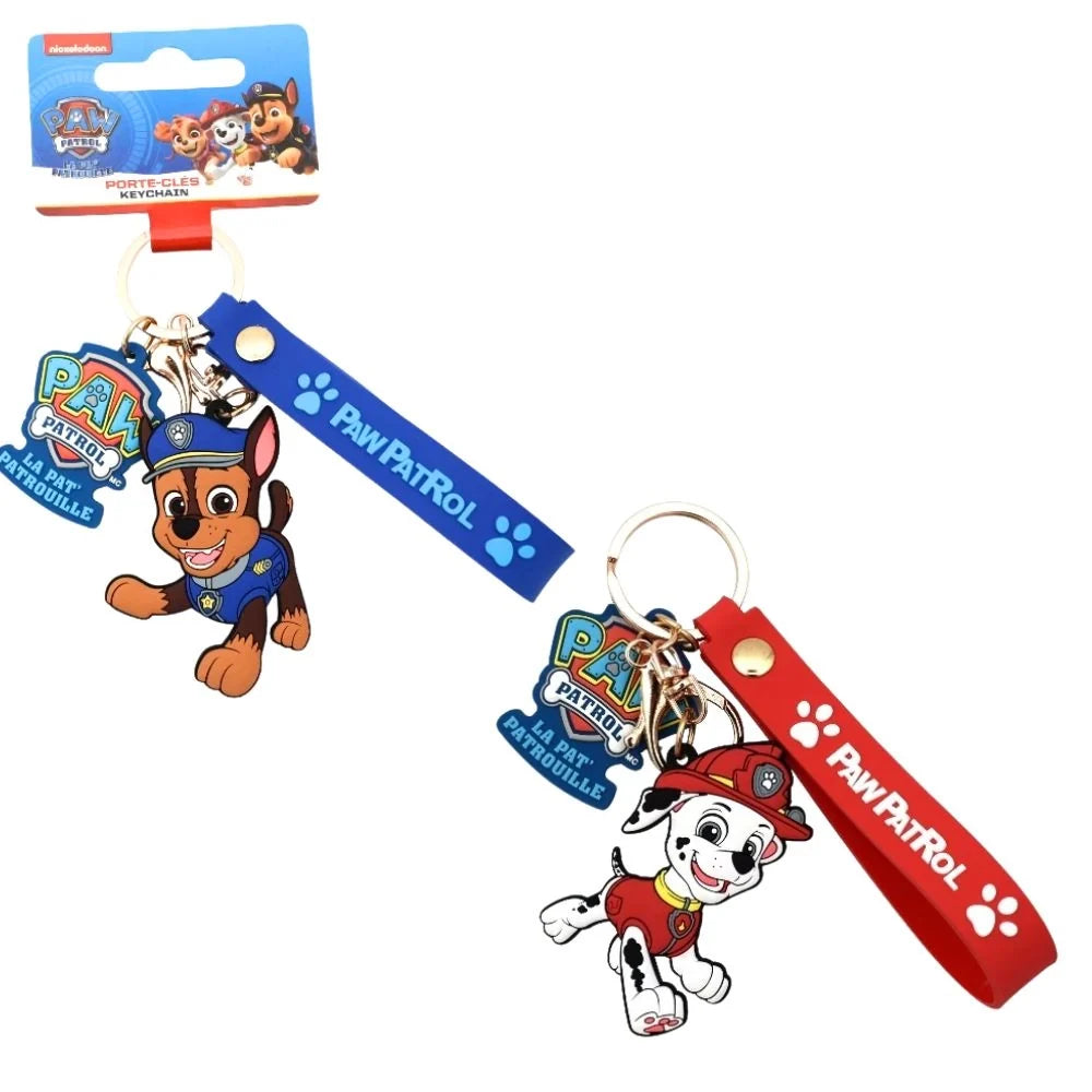 Two Paw Patrol keychains with blue and red straps, dog character charms, gold rings