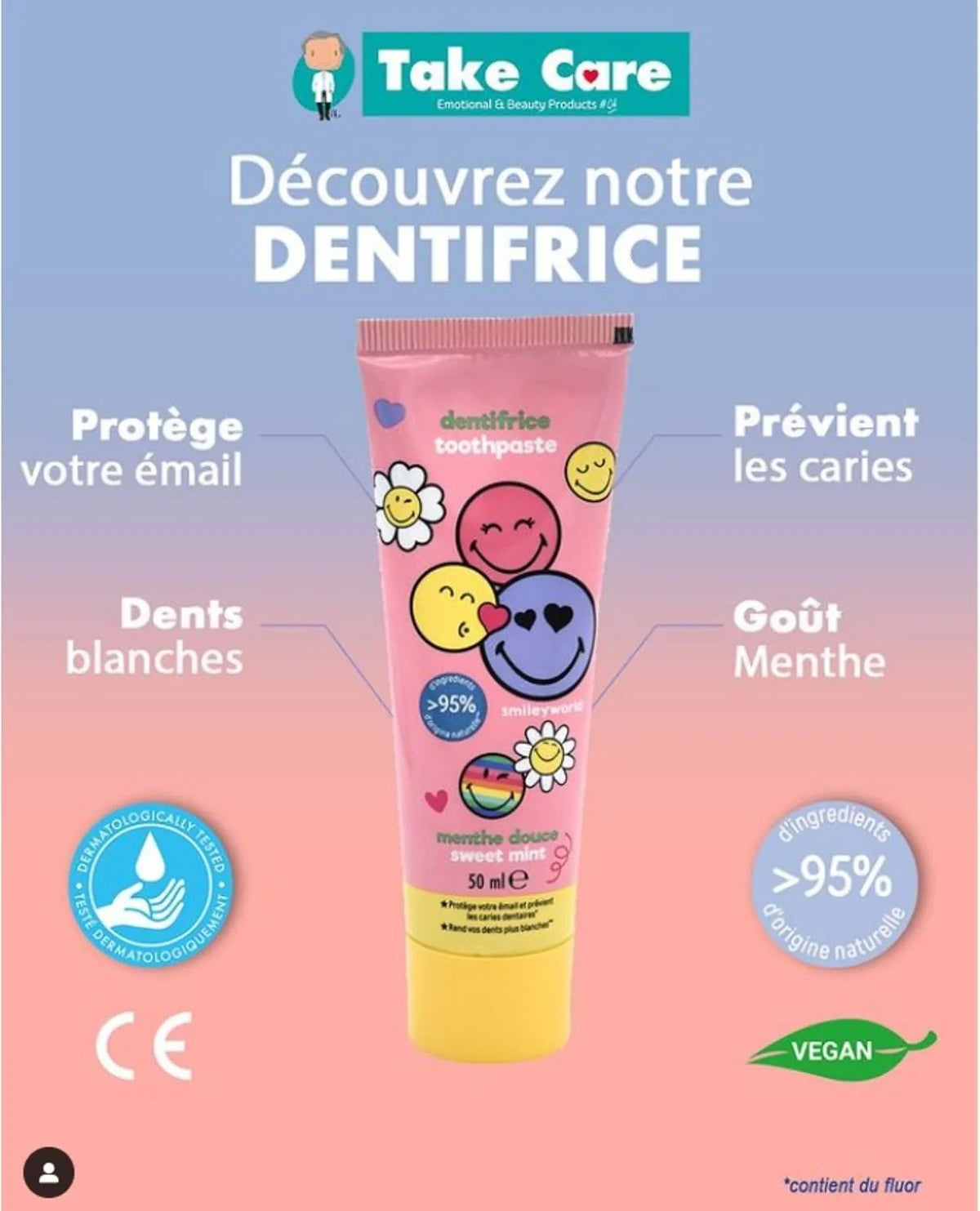 Smiley toothpaste tube with pink body, yellow base, and cute face graphics