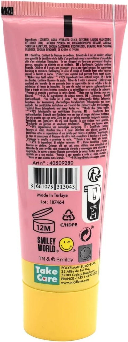 Back of toothpaste tube with ingredient text and Smileys World branding