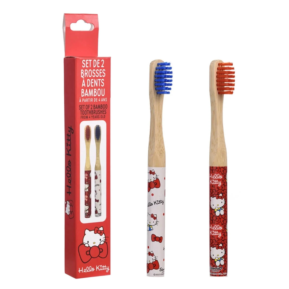 Hello Kitty bamboo toothbrush set with two toothbrushes, blue and orange bristles