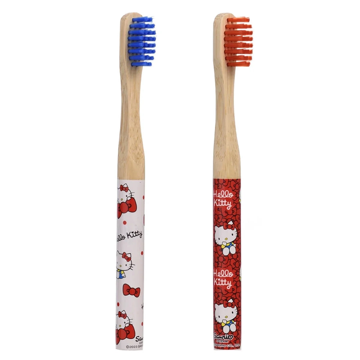 Bamboo toothbrushes with Hello Kitty handle art, blue and orange bristles