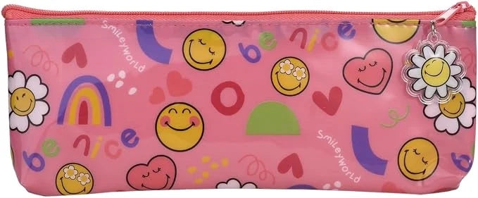 Shiny PVC smiley toothbrush case pouch with multicolor face print and zipper, pink.