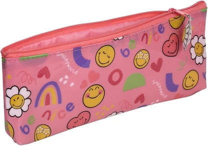 Shiny PVC smiley toothbrush case with rainbow and flower print, pink zipper pouch, side view.