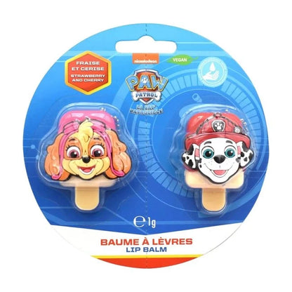 Paw Patrol lip balm blister pack with two character flavors, vegan