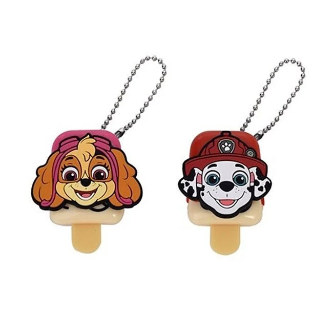 Two dog character lip balms on silver chains, keychain style