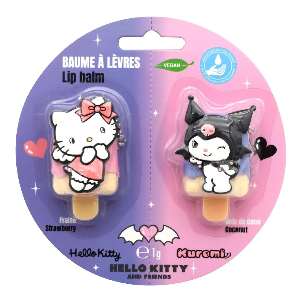 Hello Kitty and Kuromi lip balm in blister pack, vegan, two flavors