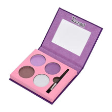 Hello Kitty eyeshadow palette open with four pans and mirror; lavender and neutral tones