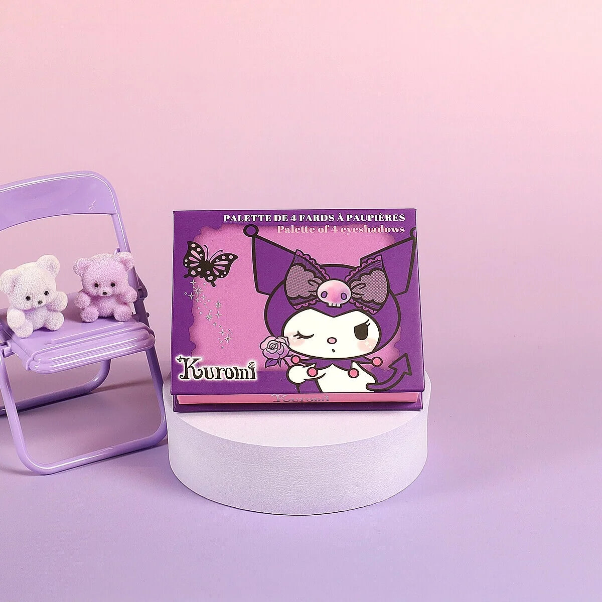 Hello Kitty 4-pan eyeshadow palette in retail box with Kurumi character graphic