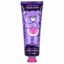 Purple hand cream tube with pink cap; teddy bear holding pink heart, vanilla scent