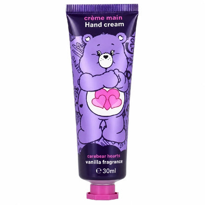Purple hand cream tube with pink cap; teddy bear holding pink heart, vanilla scent