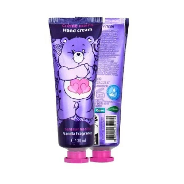 Purple hand cream tube with pink cap; bear graphic and scent info on front