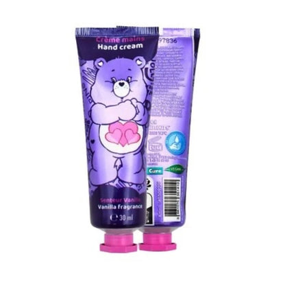 Purple hand cream tube with pink cap; bear graphic and scent info on front
