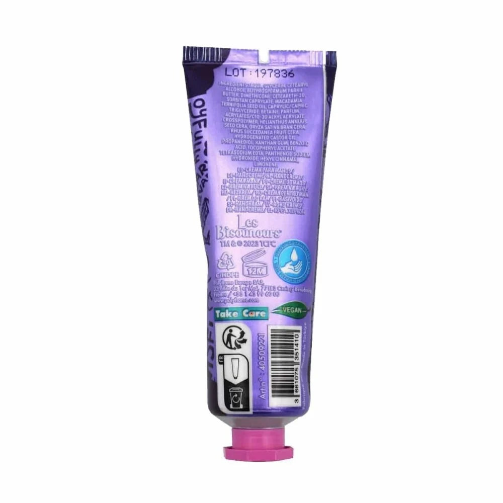 Purple hand cream tube with pink cap; back label, barcode and lot info visible
