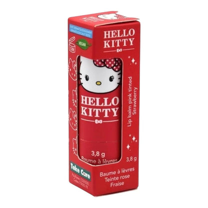 Hello Kitty tinted lip balm box with strawberry flavor and red lip balm tube