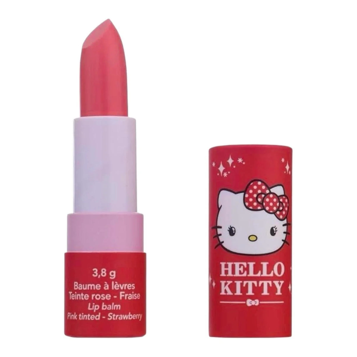 Pink-tinted lipstick applicator and red Hello Kitty tinted lip balm tube