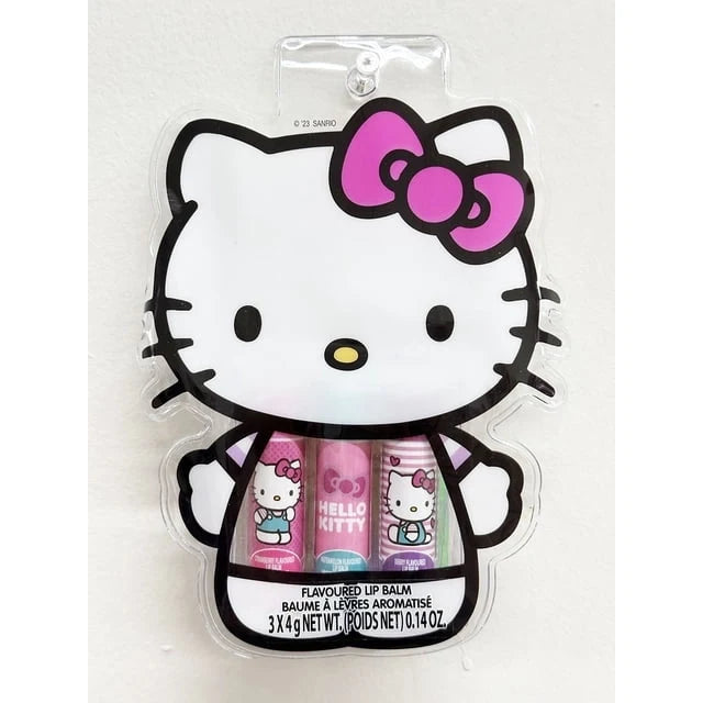 Hello Kitty flavored lip balm blister pack with Hello Kitty character and pink tubes