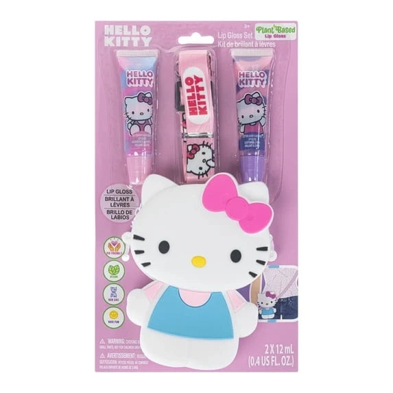 Packaged Hello Kitty lip gloss set with two glossy tubes in blister pack