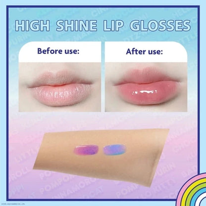 High shine lip gloss swatches and glossy lip before-and-after