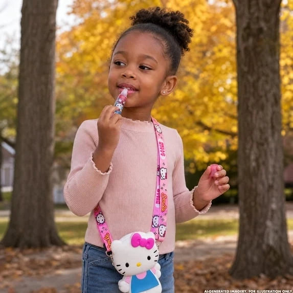 Child holding a Hello Kitty lip gloss tube on a lanyard strap