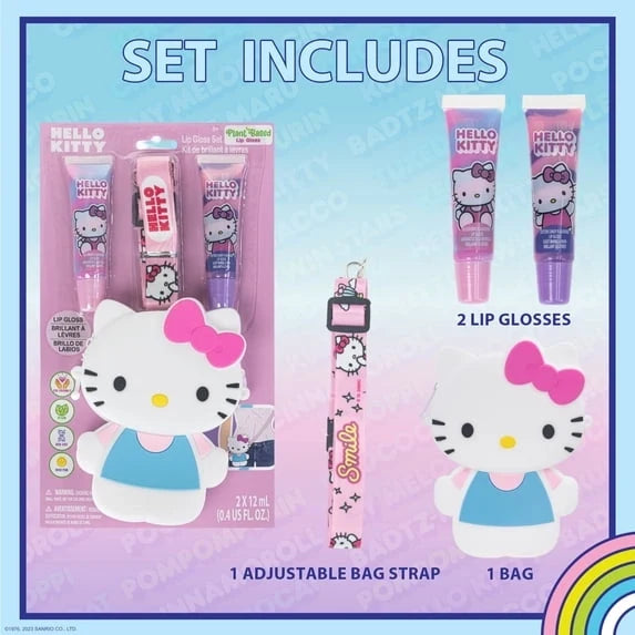 Lip gloss set with two Hello Kitty tubes, adjustable bag strap, and bag