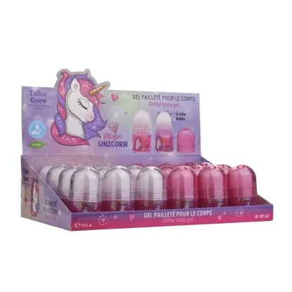 Display of glitter body gel unicorn roll-ons, multiple pink bottles on tray